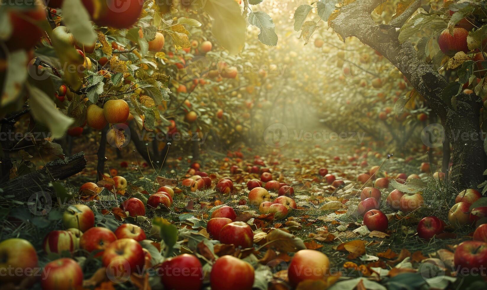 Apple orchard with trees full of ripe apples photo