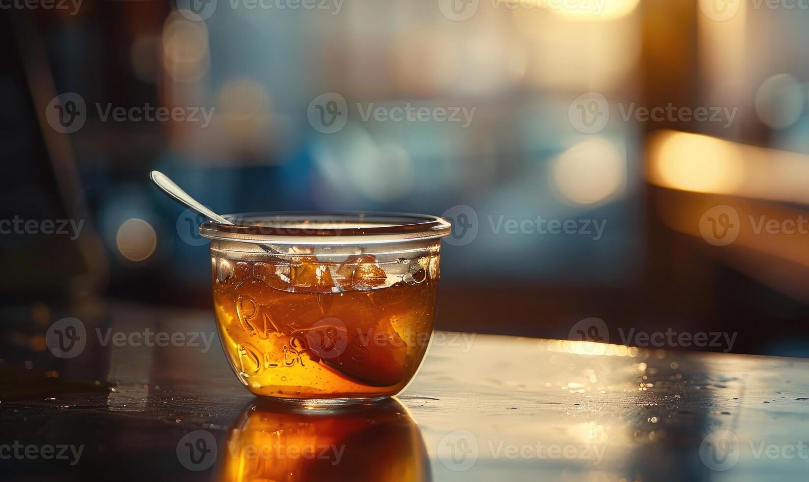 Apple jam in a clear jar with a small spoon inside photo