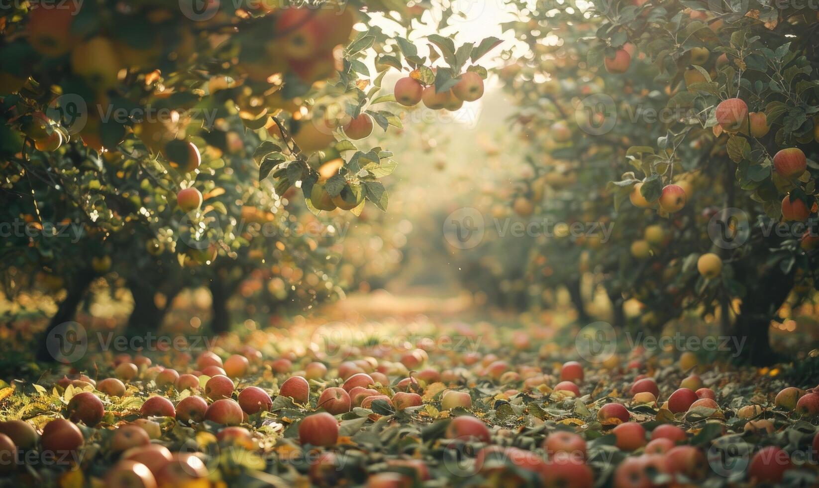 Apple orchard with trees bearing ripe apples photo