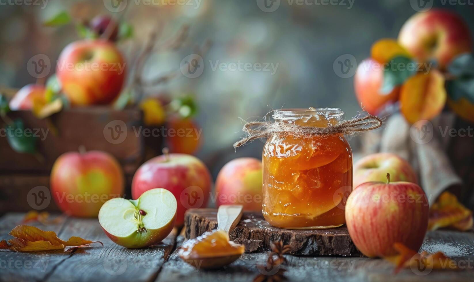 Apple jam in a glass jar with a ribbon tied photo