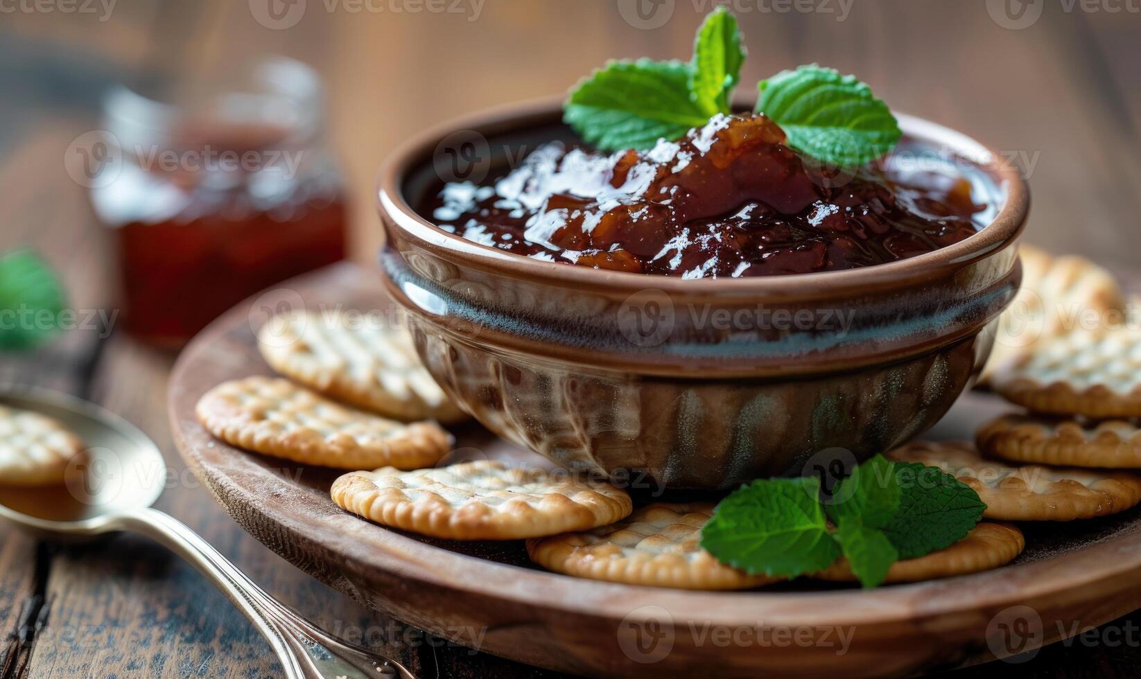 Apple jam in a small bowl with crackers for dipping photo