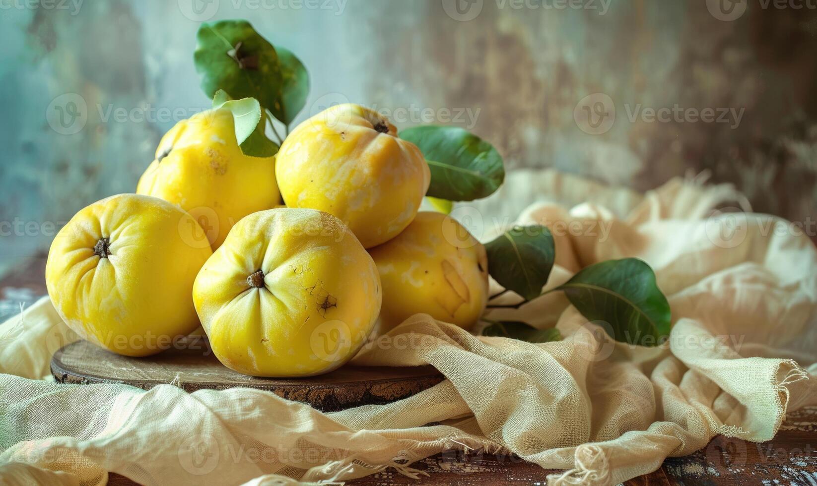 Close-up of fresh quince on a wooden board photo