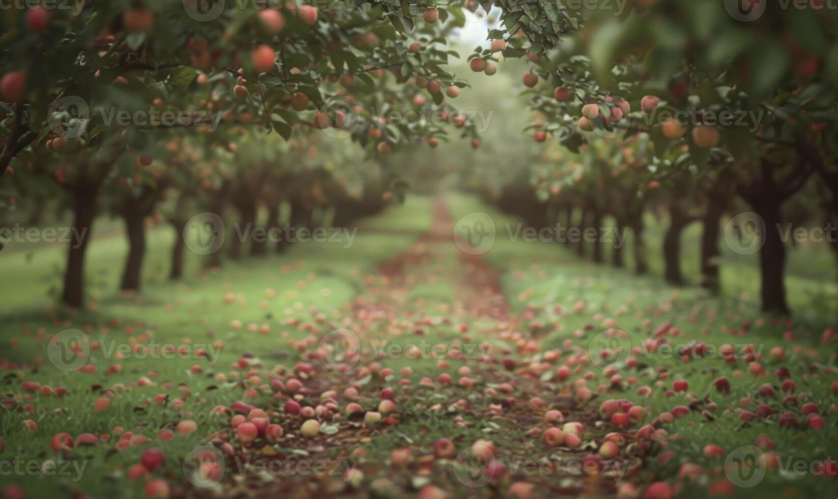 Apple orchard with rows of apple trees fallen apples on the ground photo