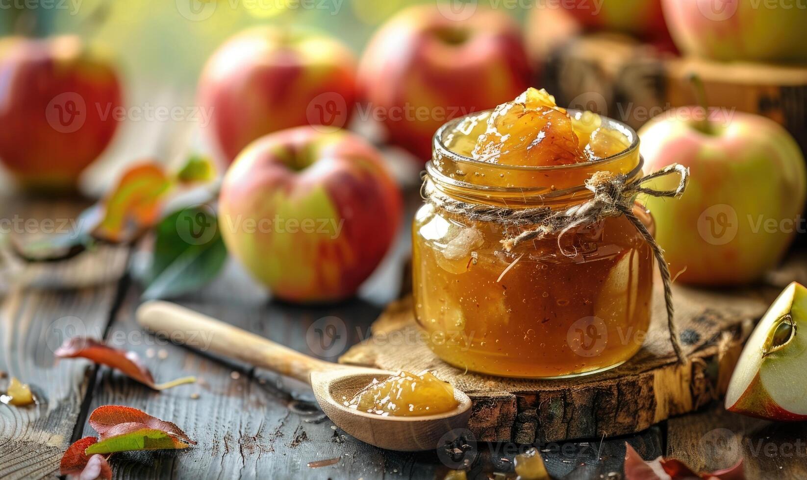 Apple jam in a glass jar with a ribbon tied photo