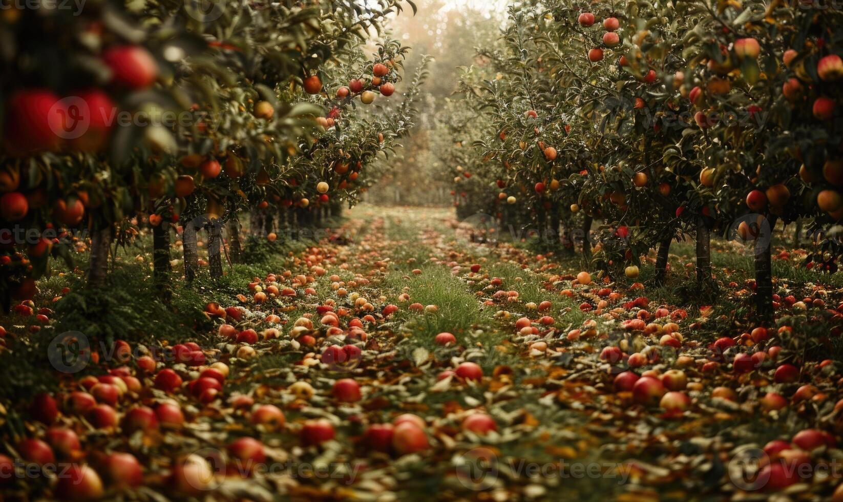 Apple orchard with rows of apple trees fallen apples on the ground photo