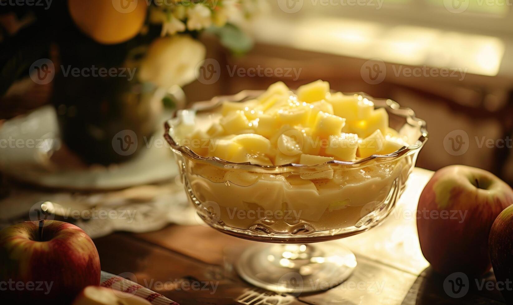 Apple pudding in a glass dish photo
