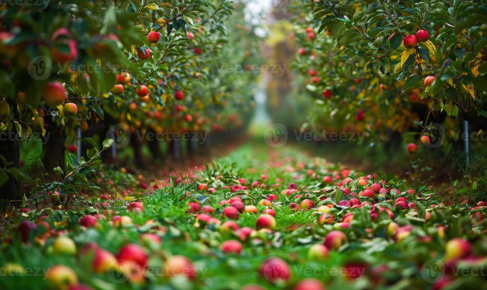 Apple orchard with rows of apple trees fallen apples on the ground photo