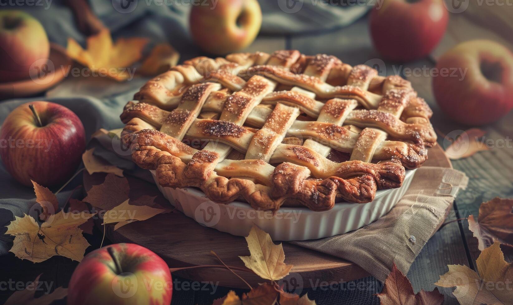 Apple pie on a rustic wooden table photo