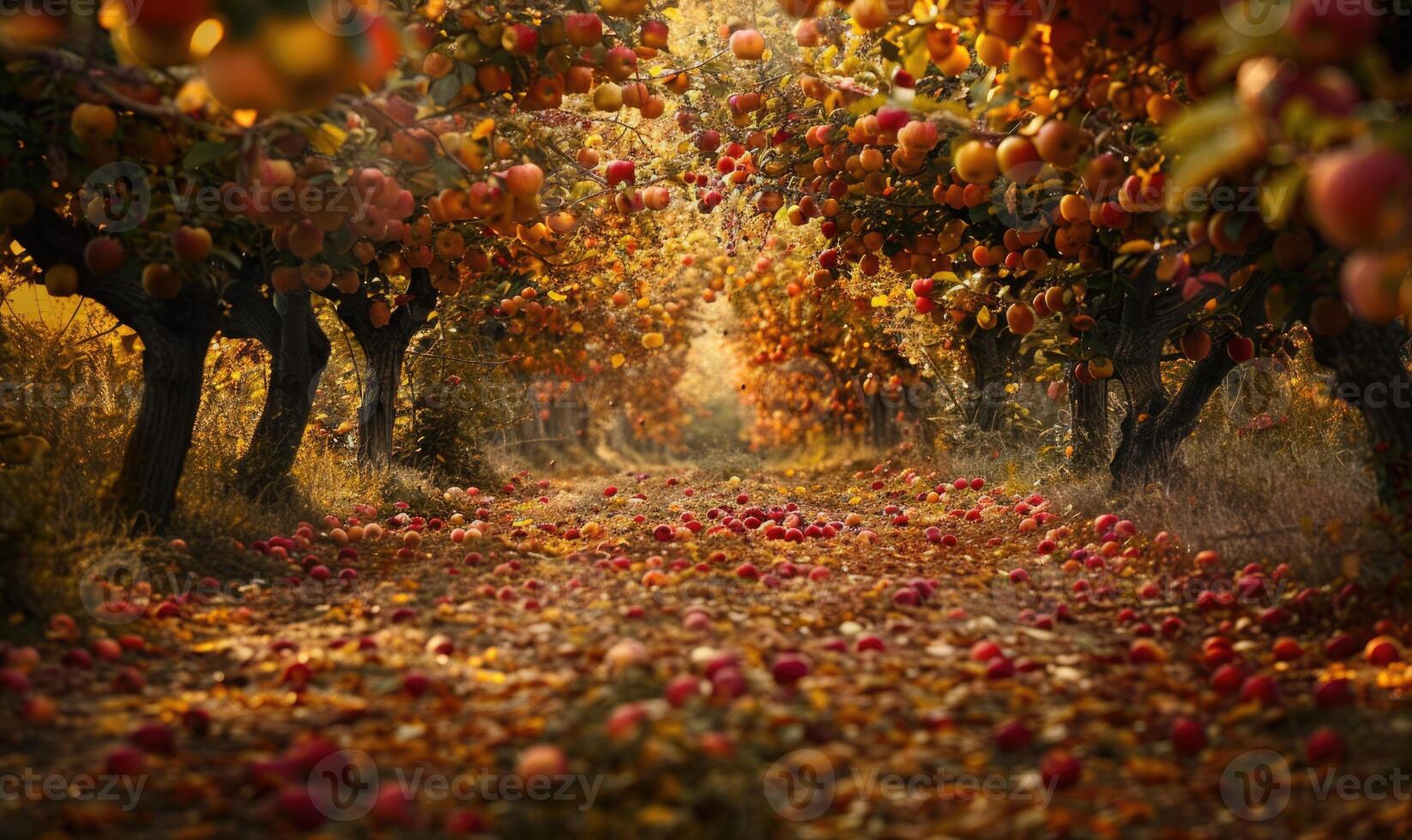 Apple orchard with trees full of ripe apples photo