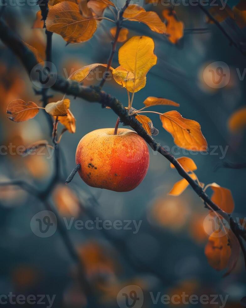 Apple on a branch with autumn colors in the background photo