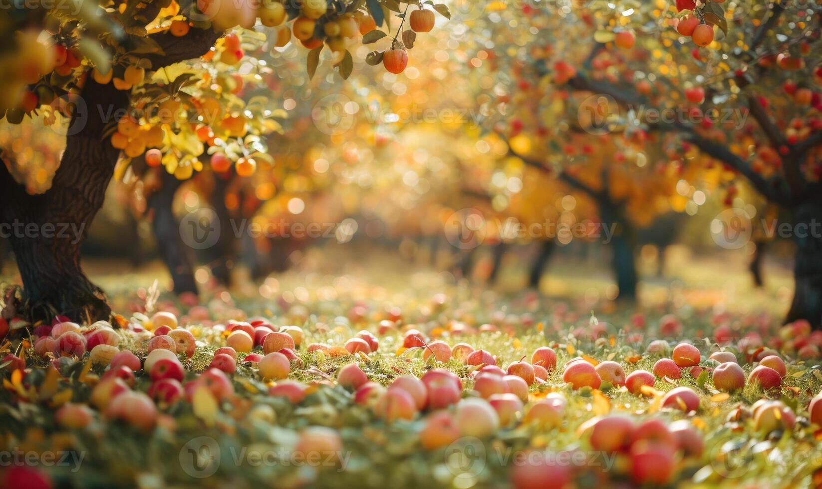 Apple orchard with trees full of autumn apples fallen apples on the ground photo