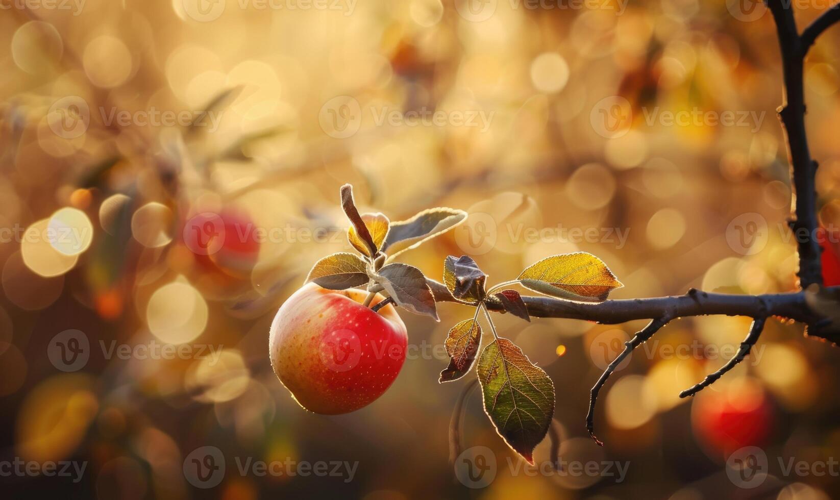 Apple on a branch with autumn colors in the background photo