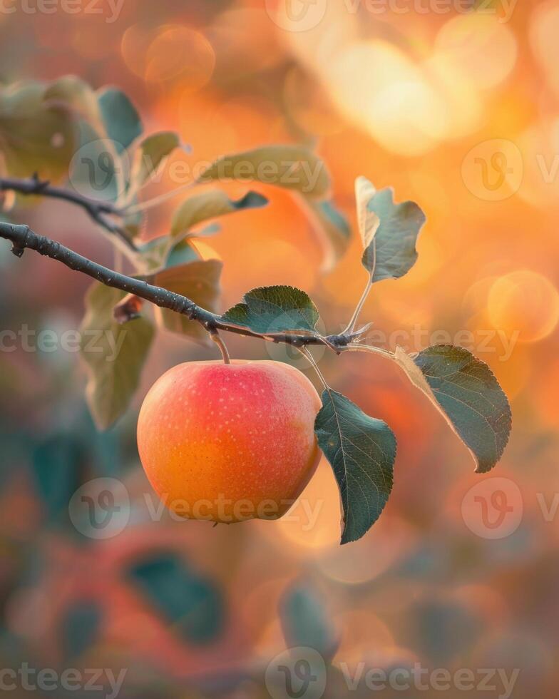 Apple on a branch with autumn colors in the background photo