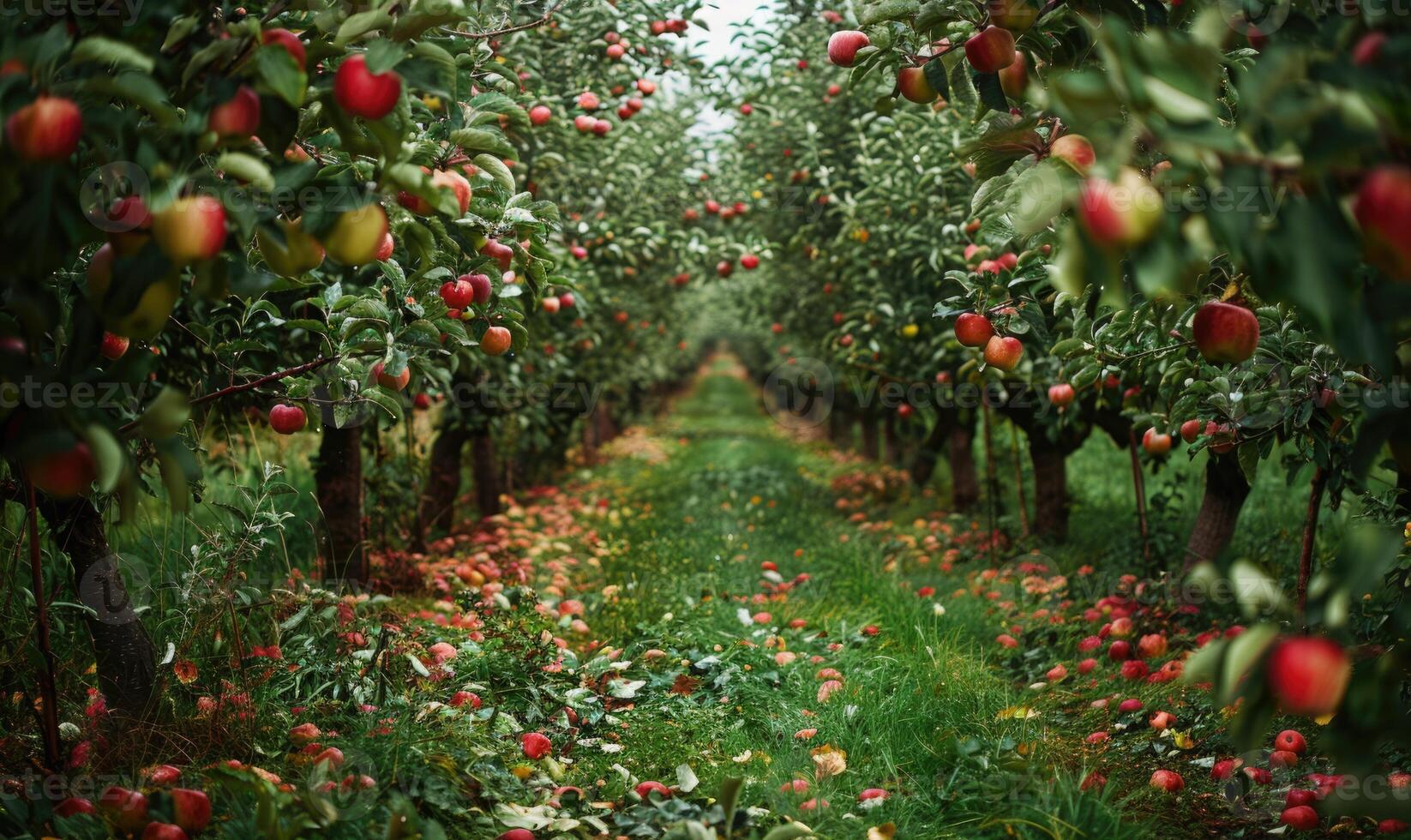 Apple orchard with rows of apple trees fallen apples on the ground photo
