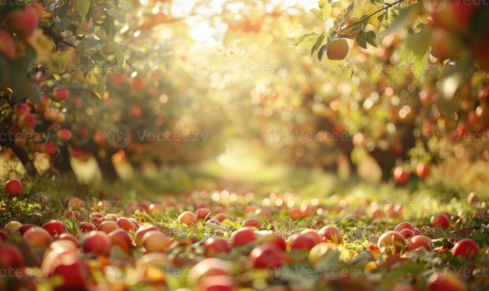 Apple orchard with trees full of autumn apples fallen apples on the ground photo