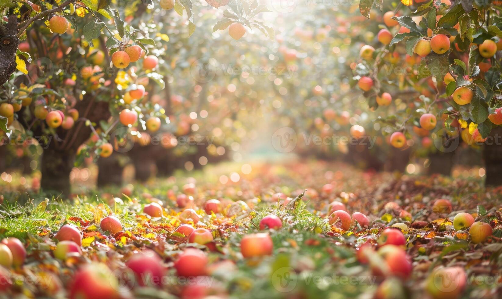 Apple orchard with trees bearing ripe apples photo