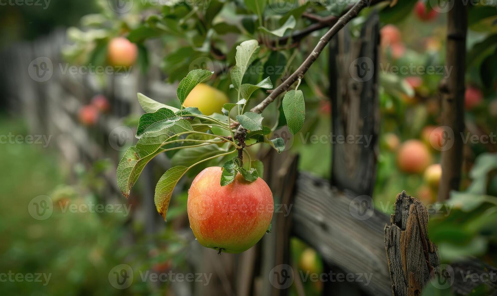 Apple on a branch with a rustic wooden fence in the background photo