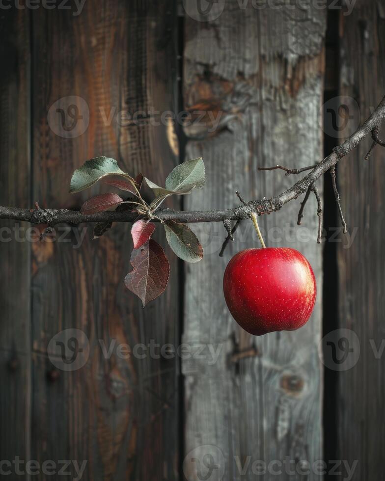 Apple on a branch with a rustic wooden fence in the background photo