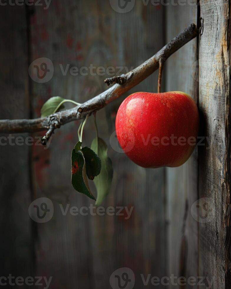Apple on a branch with a rustic wooden fence in the background photo