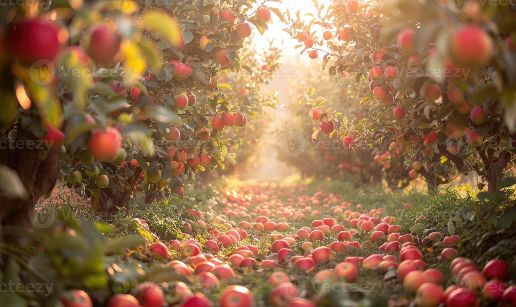 Apple orchard with trees full of autumn apples fallen apples on the ground photo