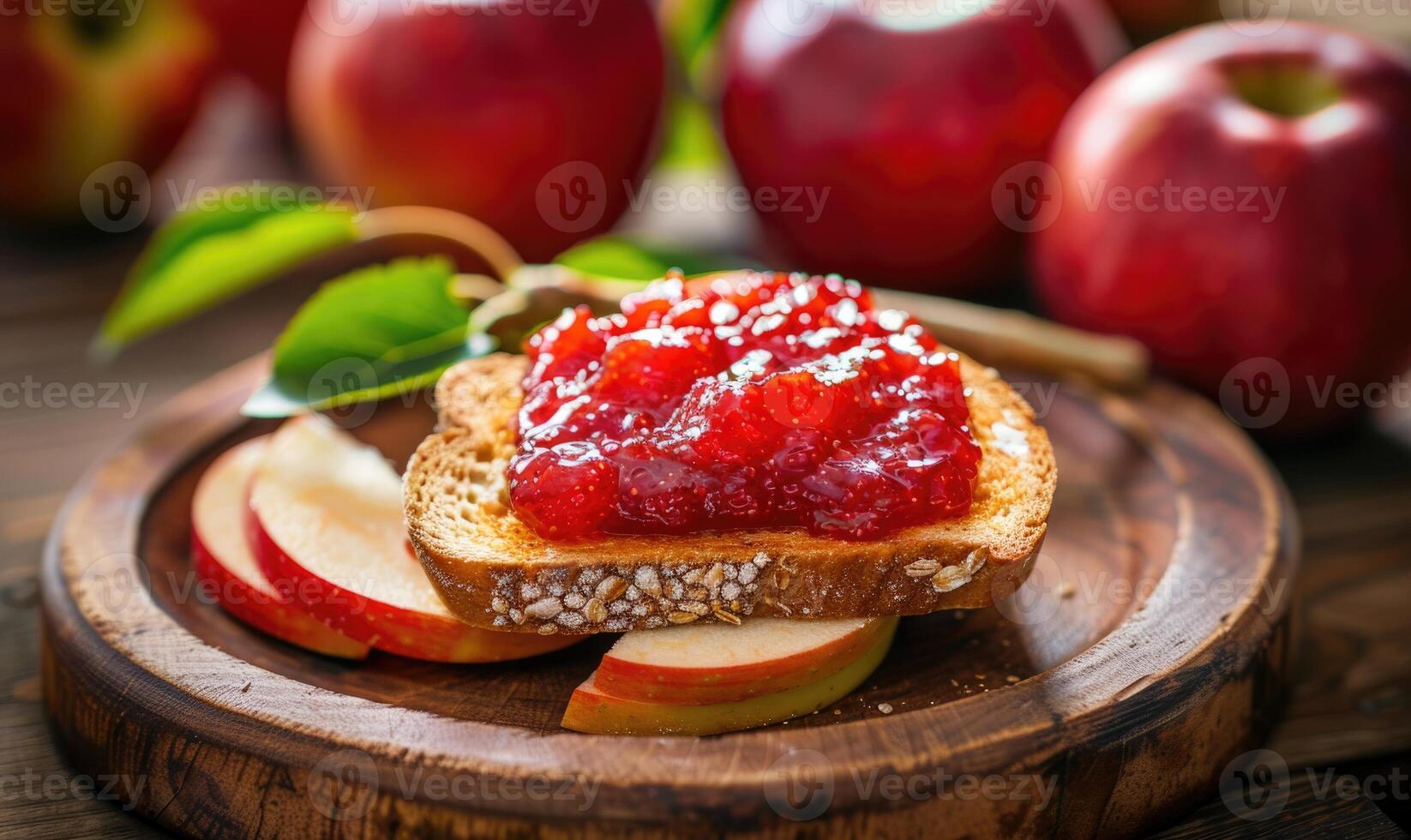 Apple jam spread on toast with fresh apples in the background photo