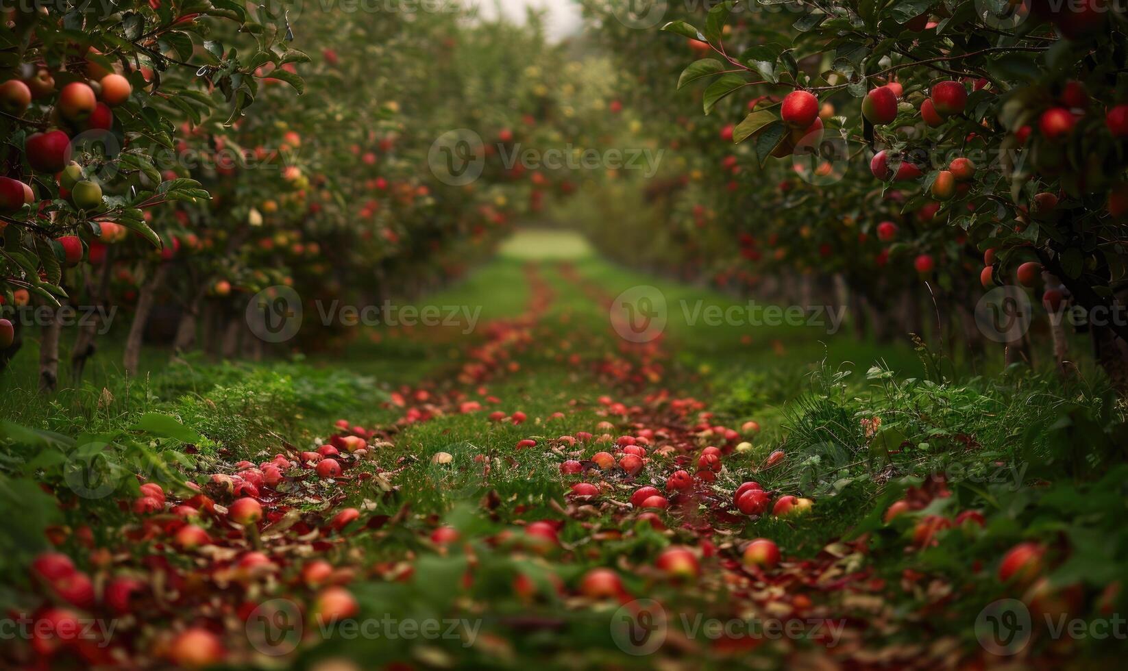 Apple orchard with rows of apple trees fallen apples on the ground photo