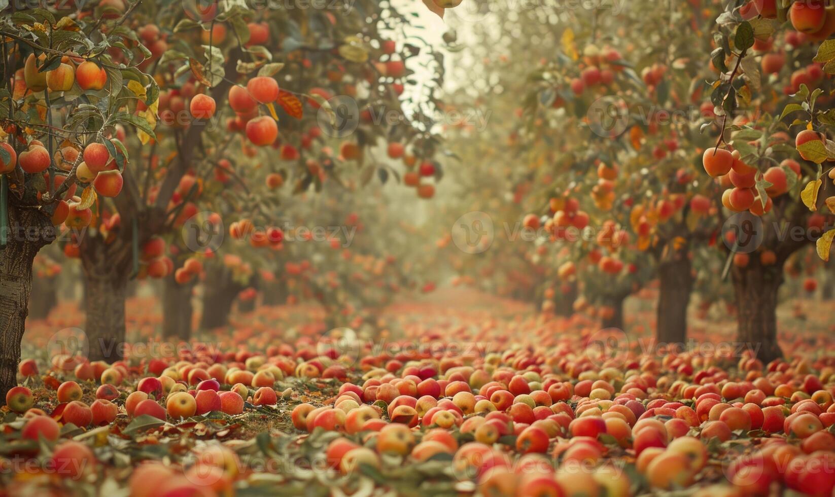 Apple orchard with trees bearing ripe apples photo