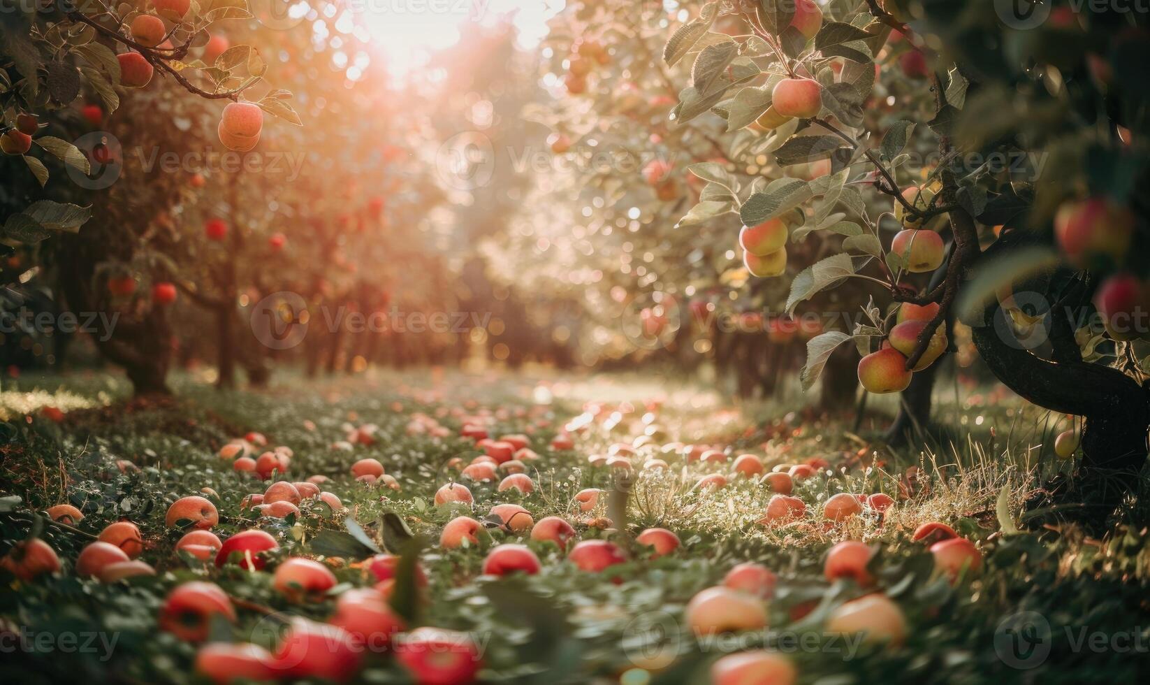 Apple orchard with trees full of autumn apples fallen apples on the ground photo