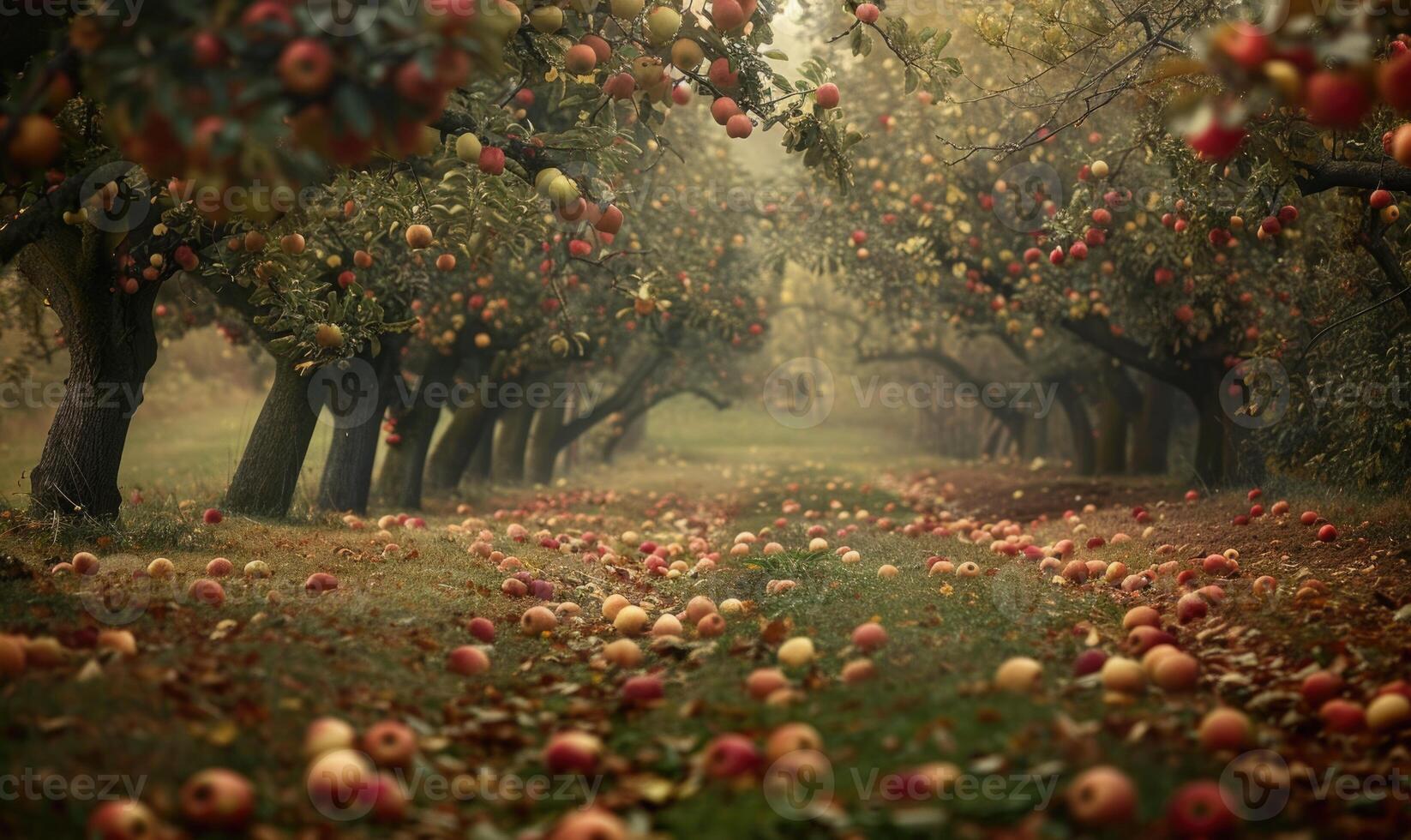 Apple orchard with trees full of ripe apples photo