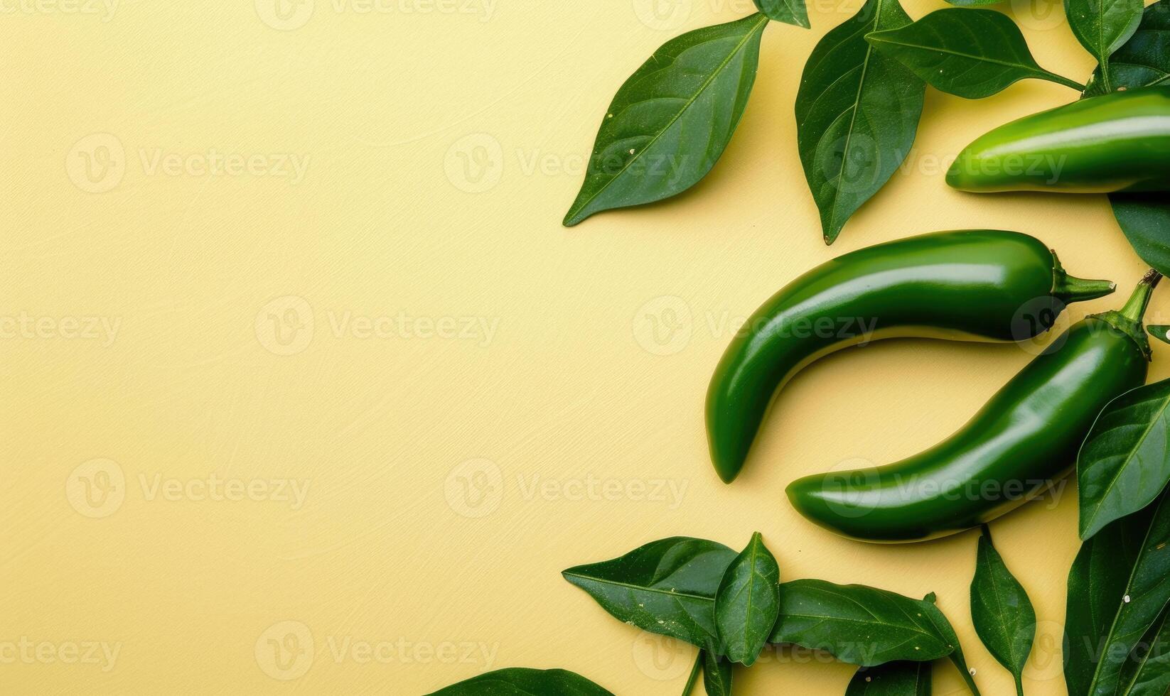 Top view of a jalapeno peppers arranged on a light yellow background photo