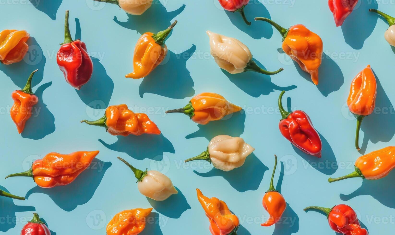 Top view of a mix of peppers scattered on a light blue background photo