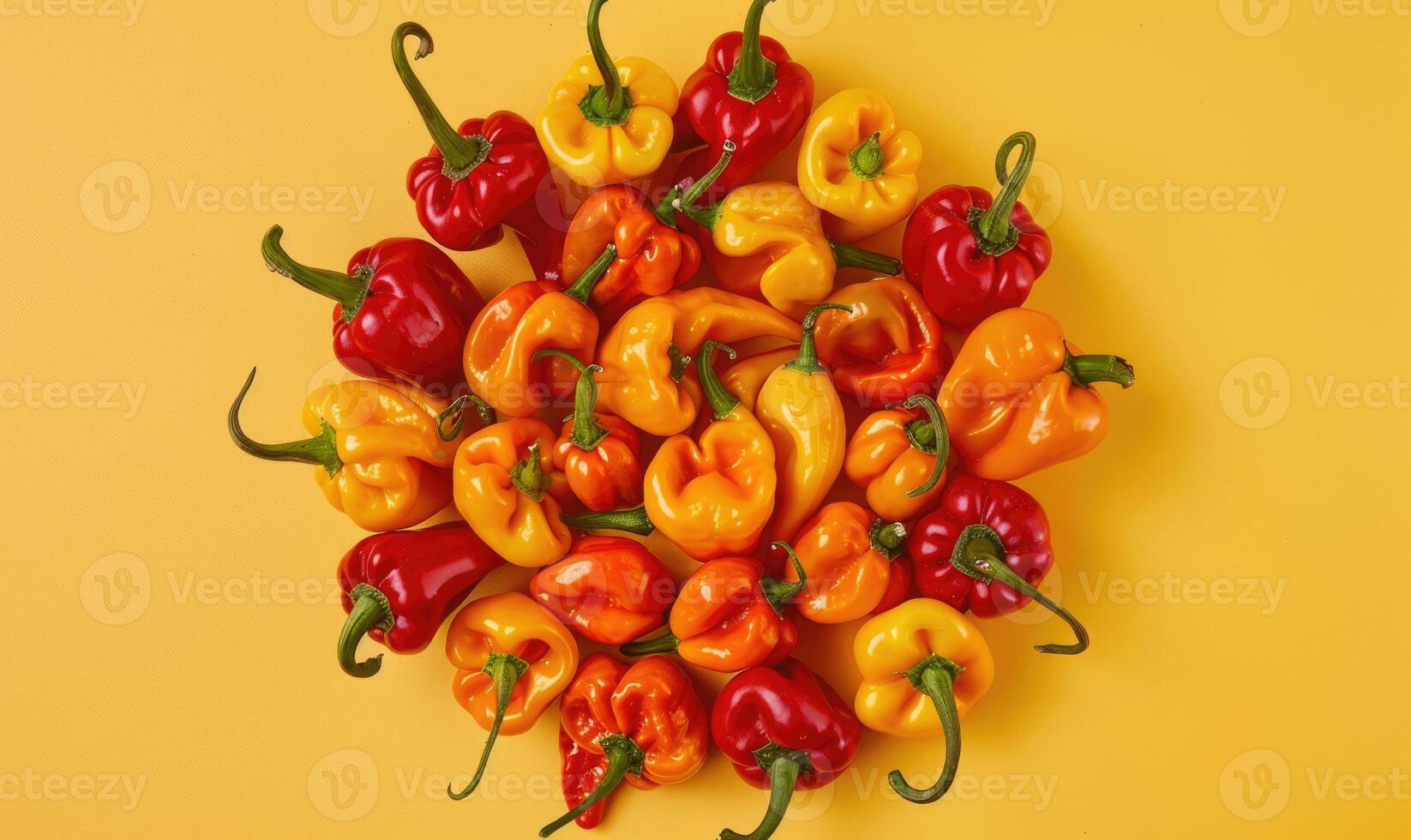 Mix of peppers on a light yellow background photo