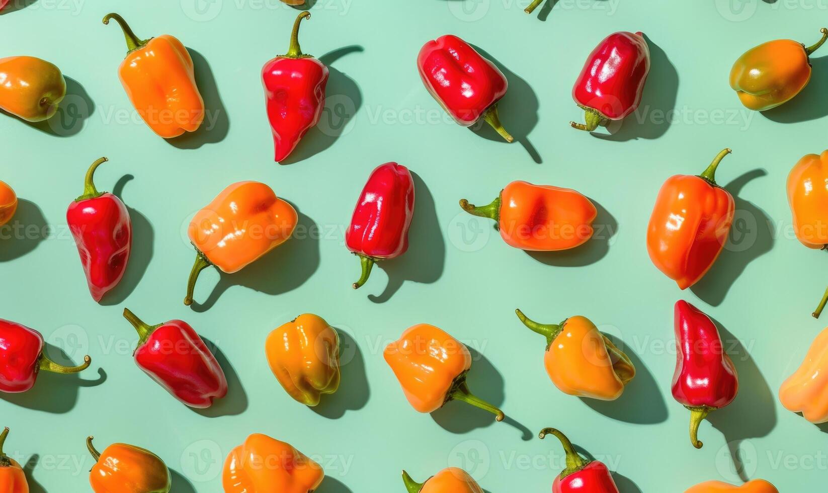 Top view of colorful peppers on a pastel green background photo
