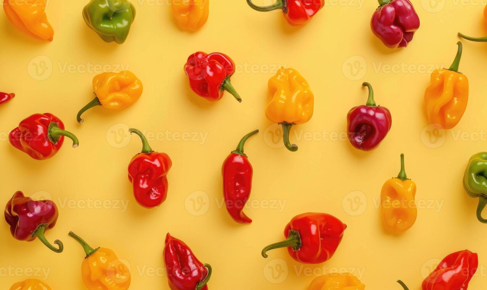 Top view of colorful peppers on a pastel yellow background photo