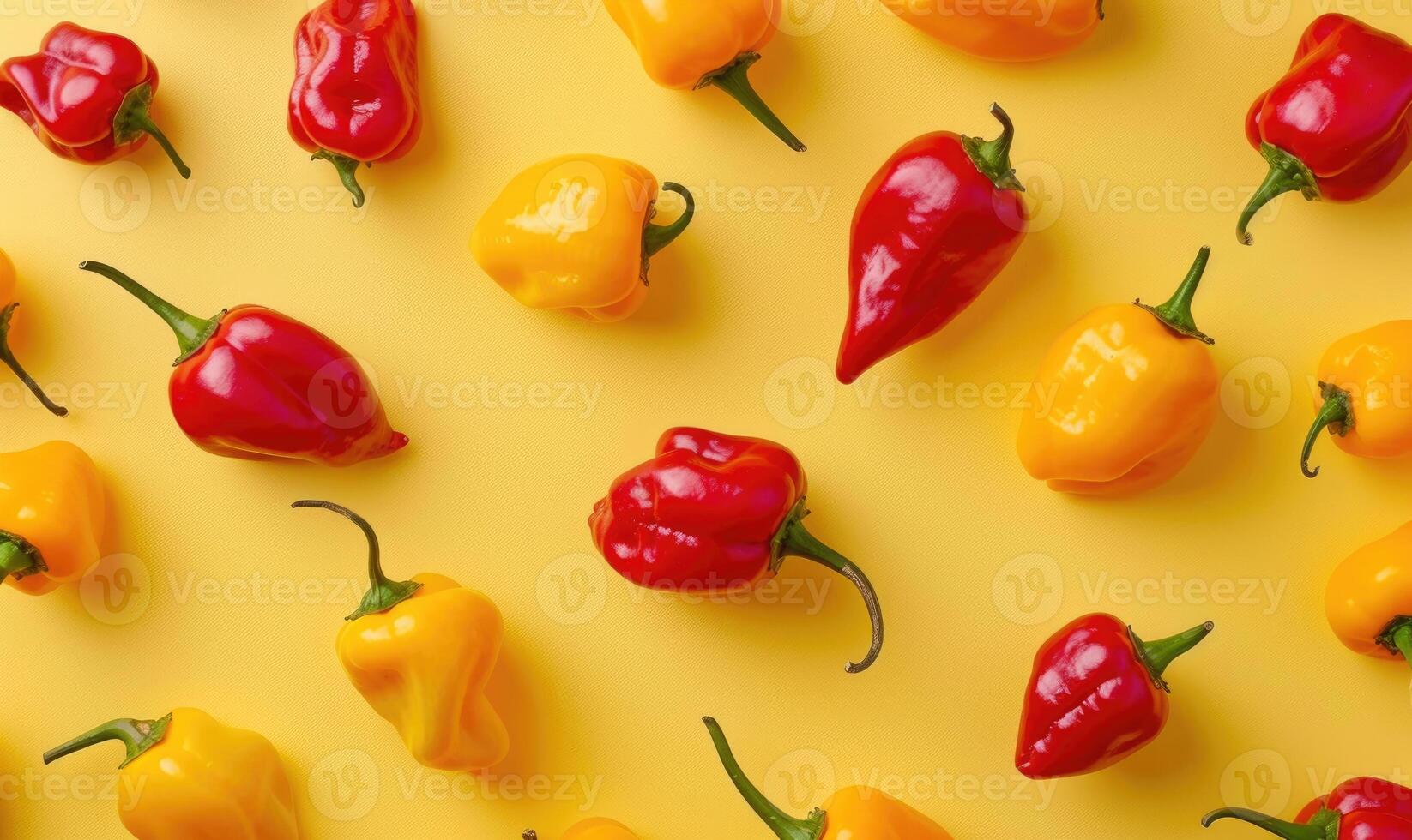 Top view of colorful peppers on a pastel yellow background photo