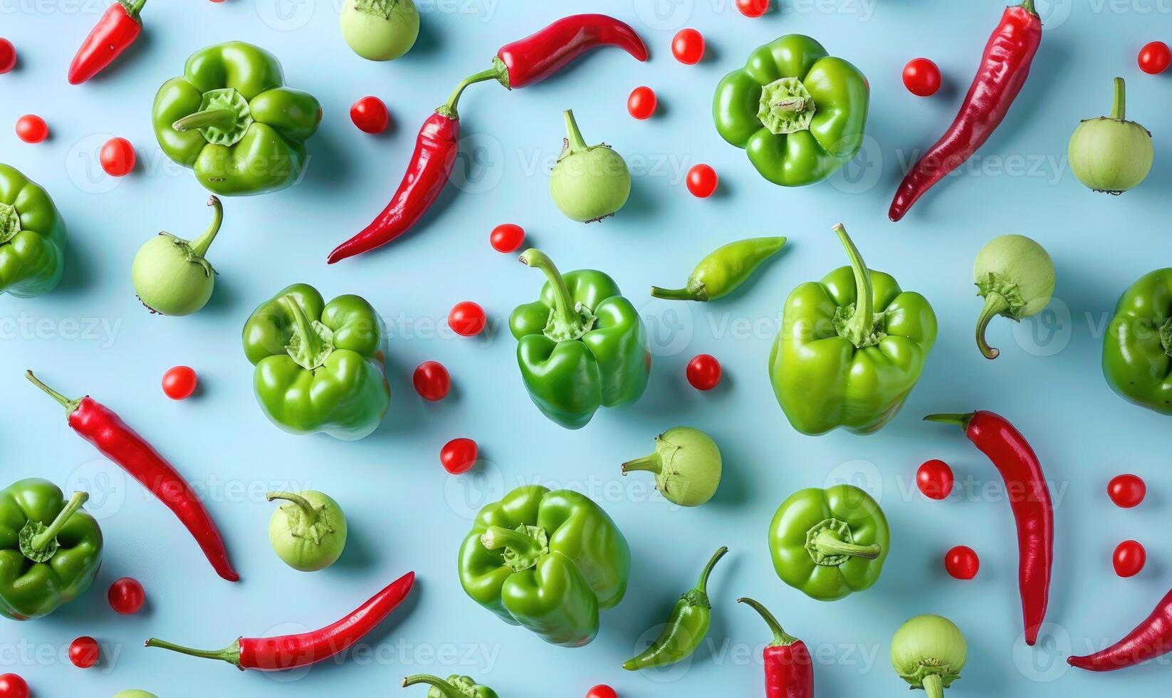 Top view of colorful peppers on a pastel green background photo