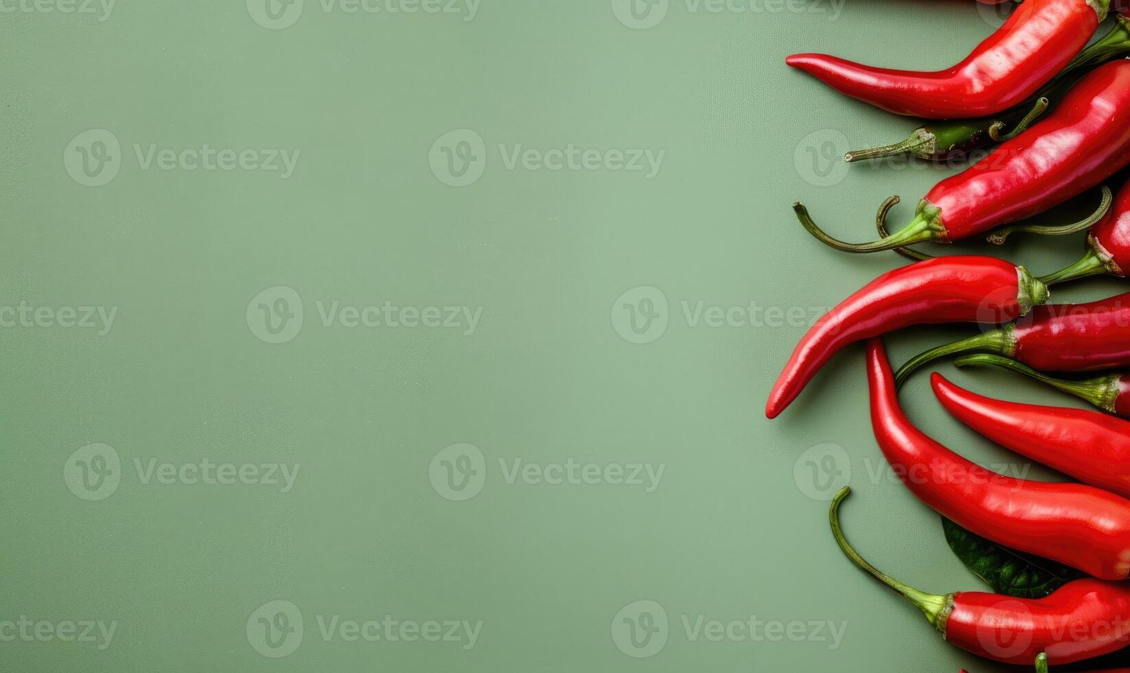 Top view of colorful peppers on a green background photo