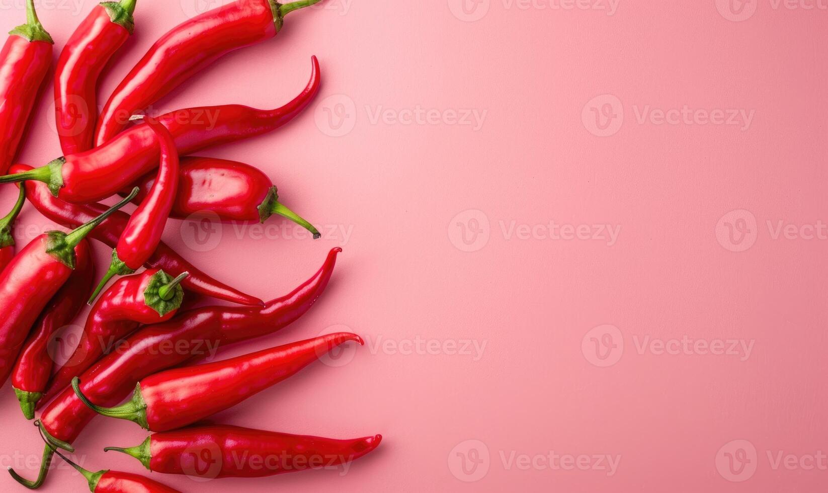 Top view of colorful peppers on a pink background photo