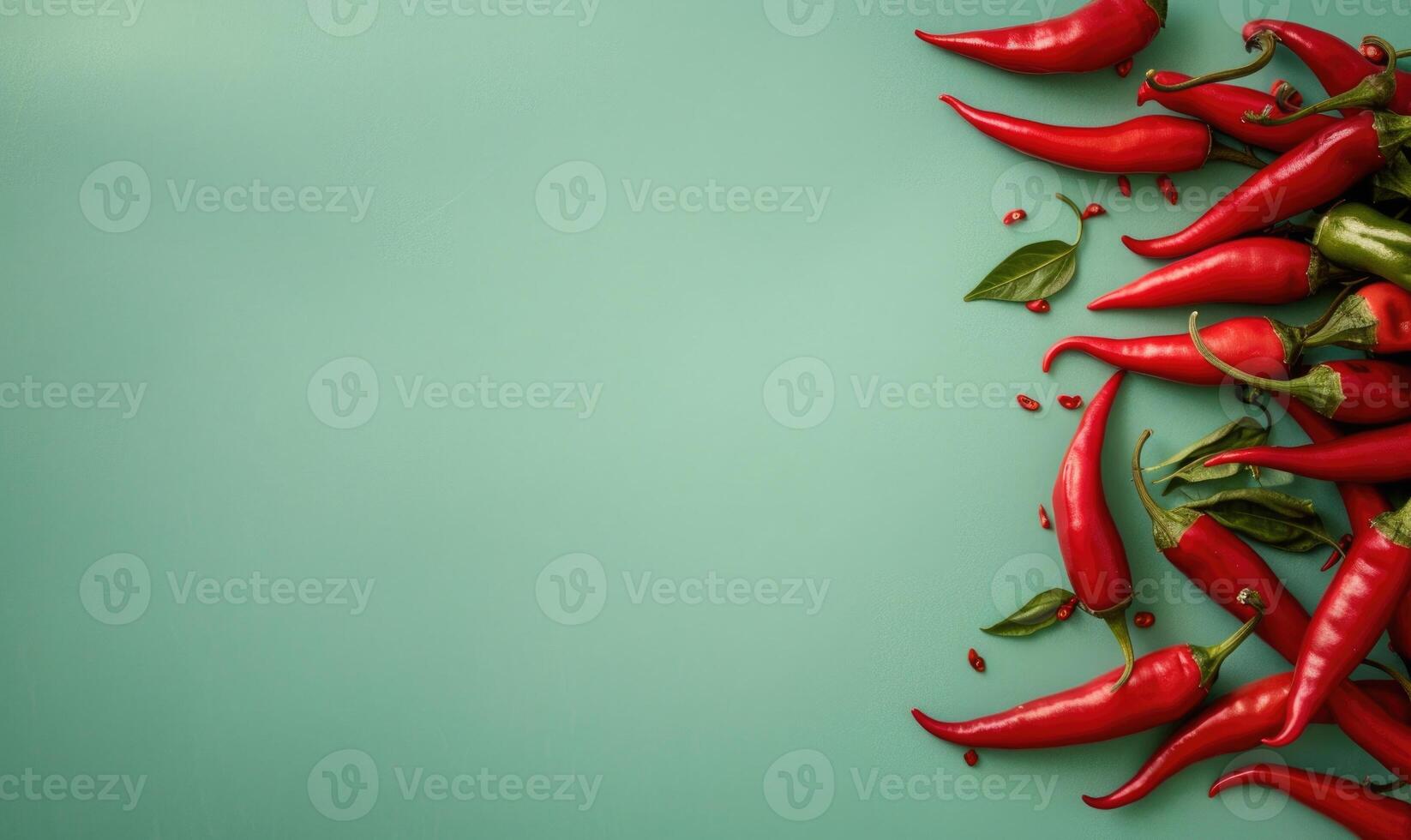 Top view of hot peppers scattered on a pastel green background photo