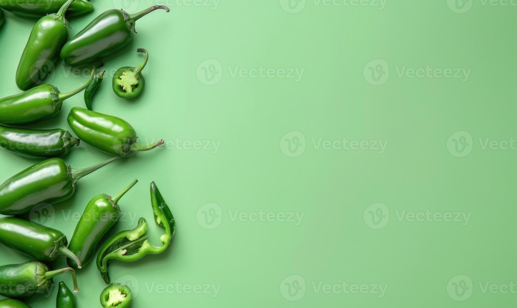 Top view of hot peppers scattered on a pastel green background photo