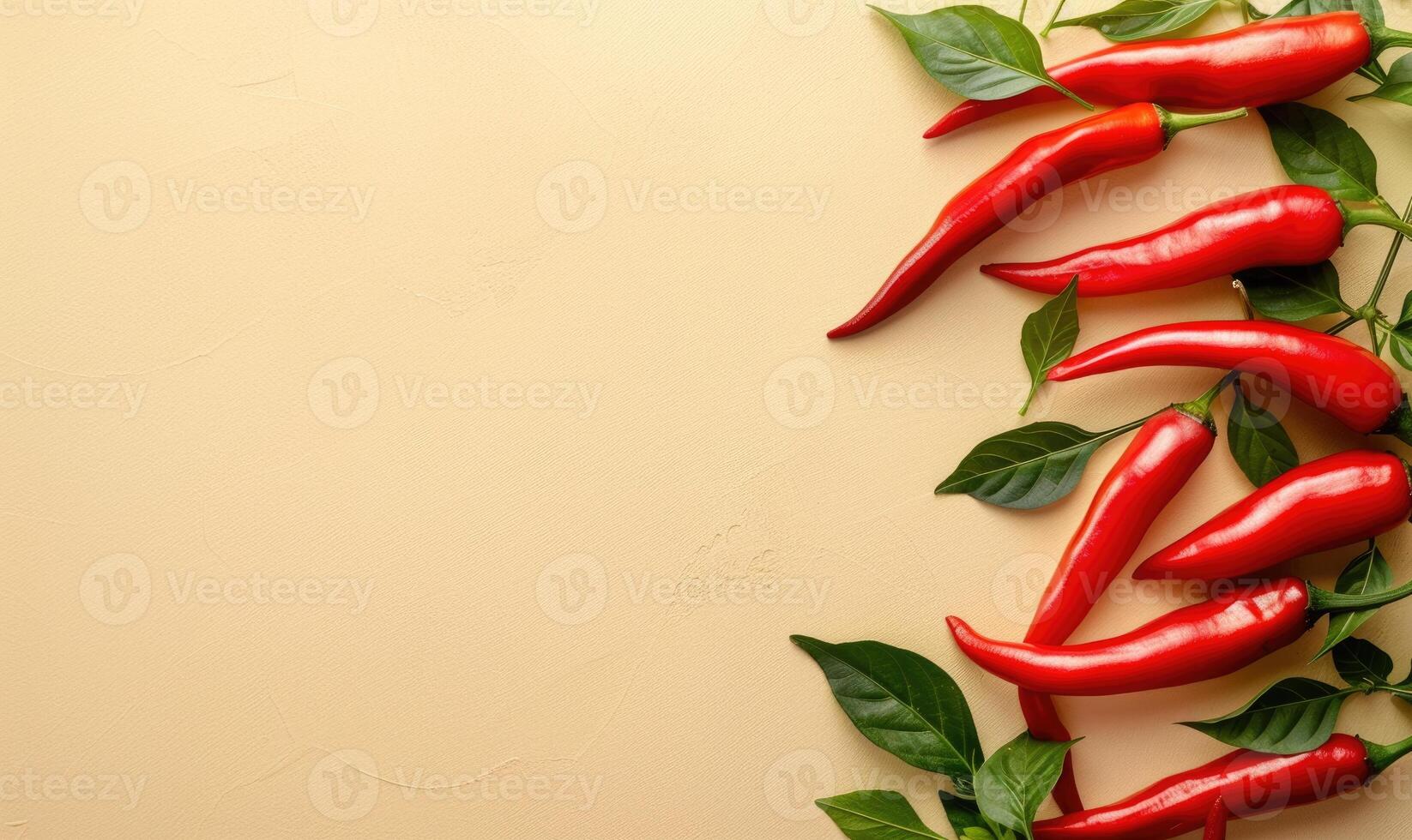 Top view of hot peppers scattered on a yellow background photo