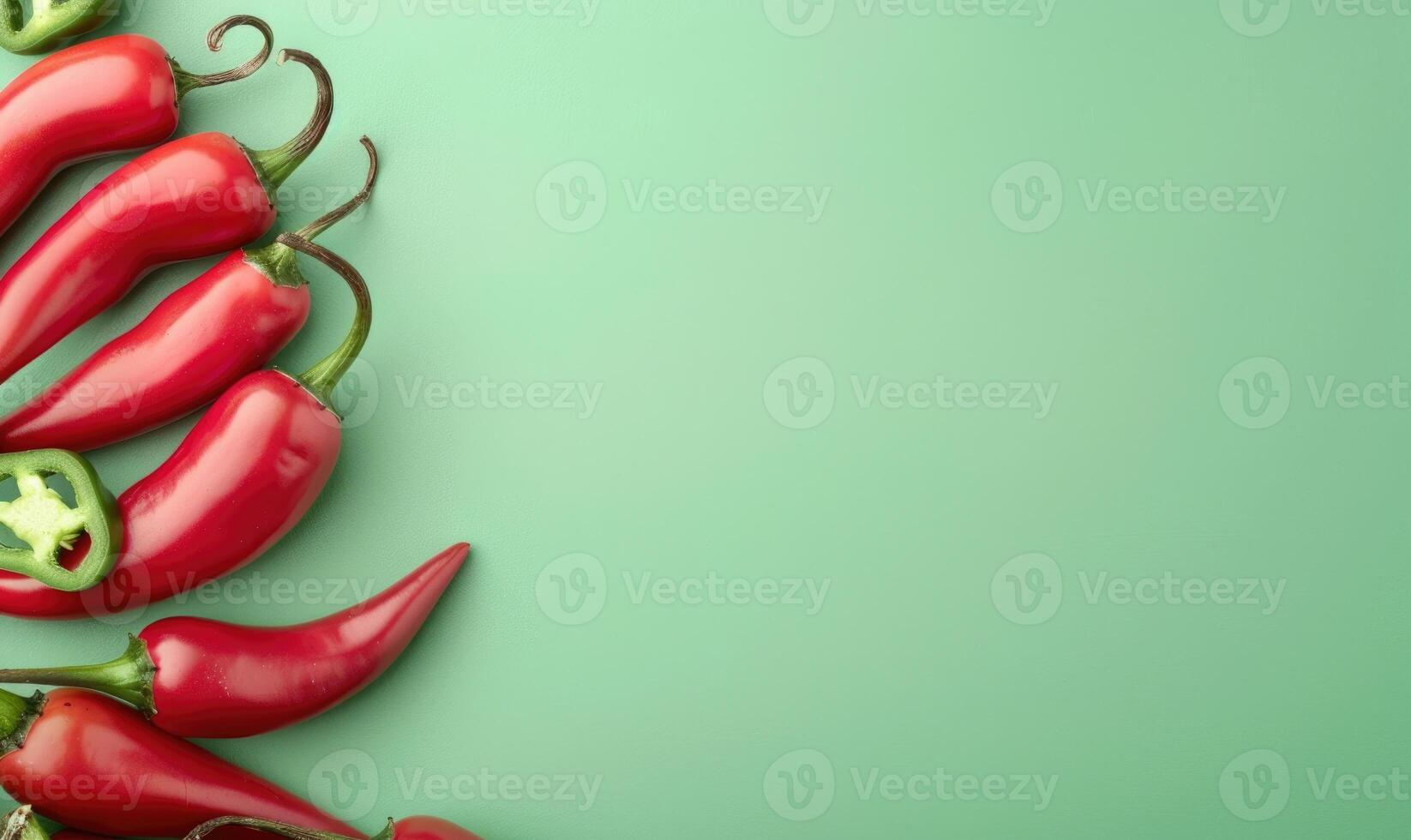 Top view of hot peppers scattered on a pastel green background photo