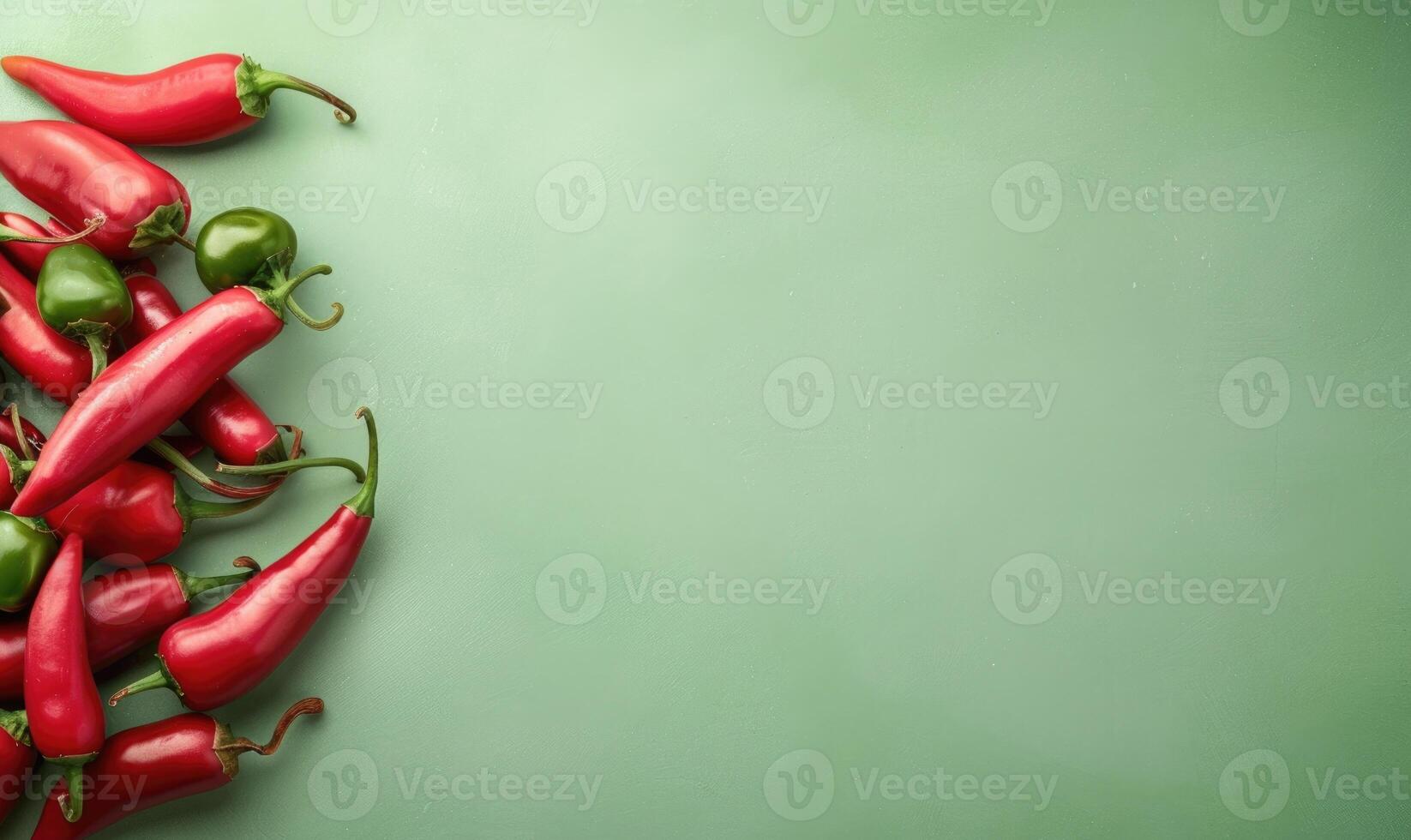 Top view of hot peppers scattered on a pastel green background photo