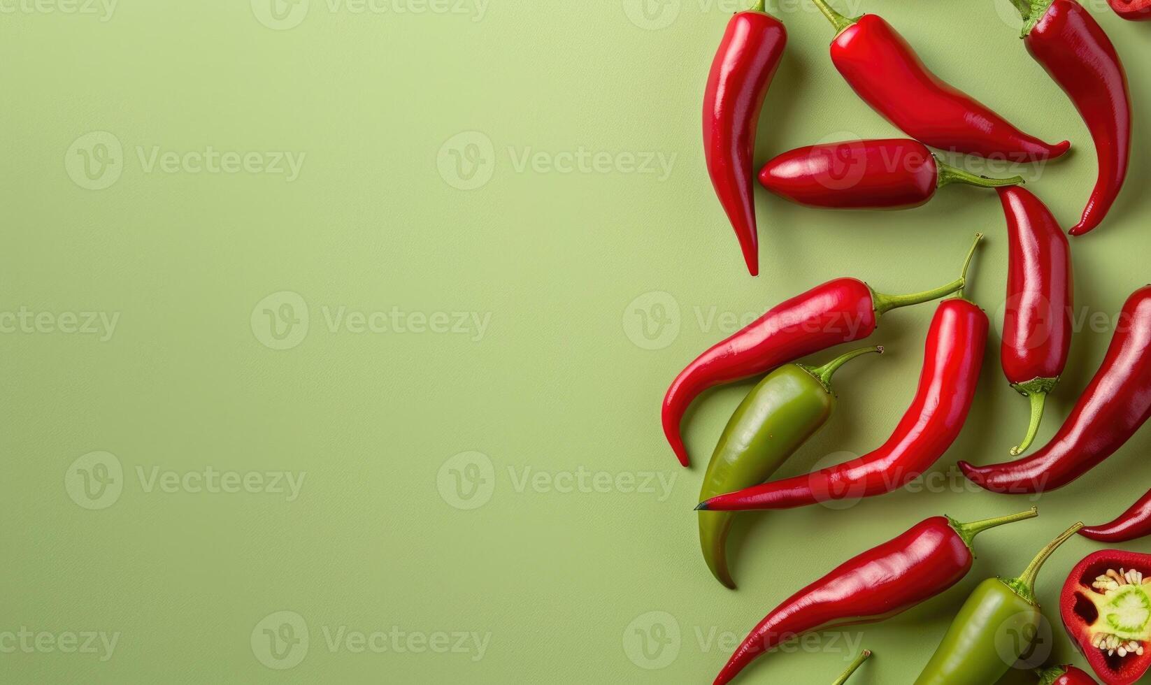 Top view of hot peppers scattered on a pastel green background photo