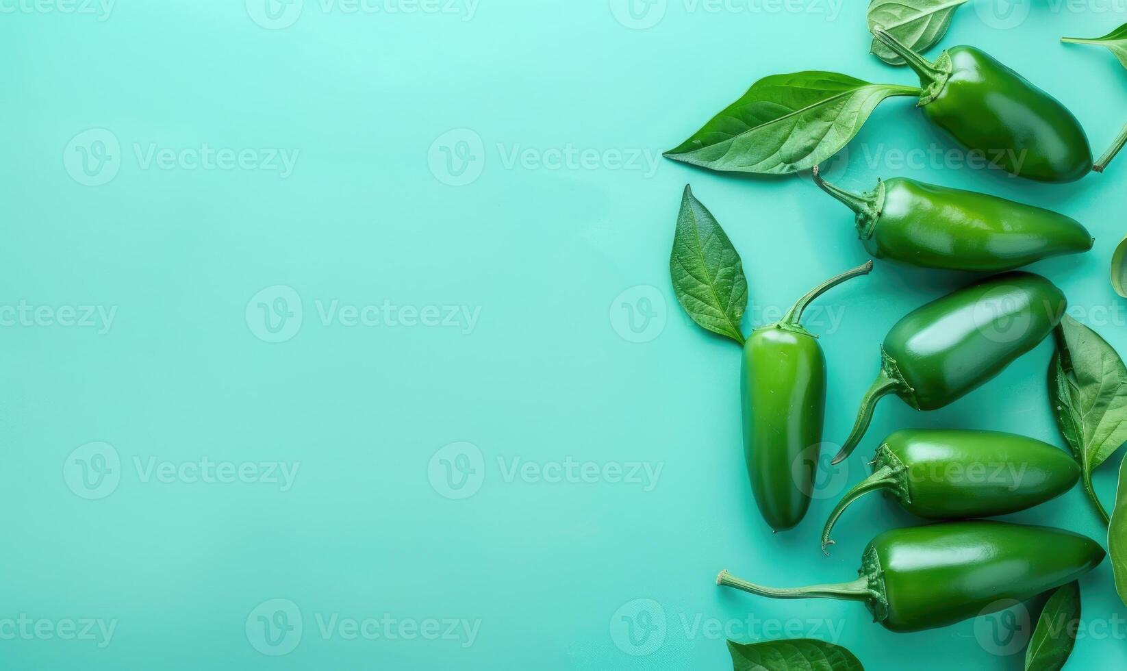 Top view of hot peppers scattered on a pastel blue background photo