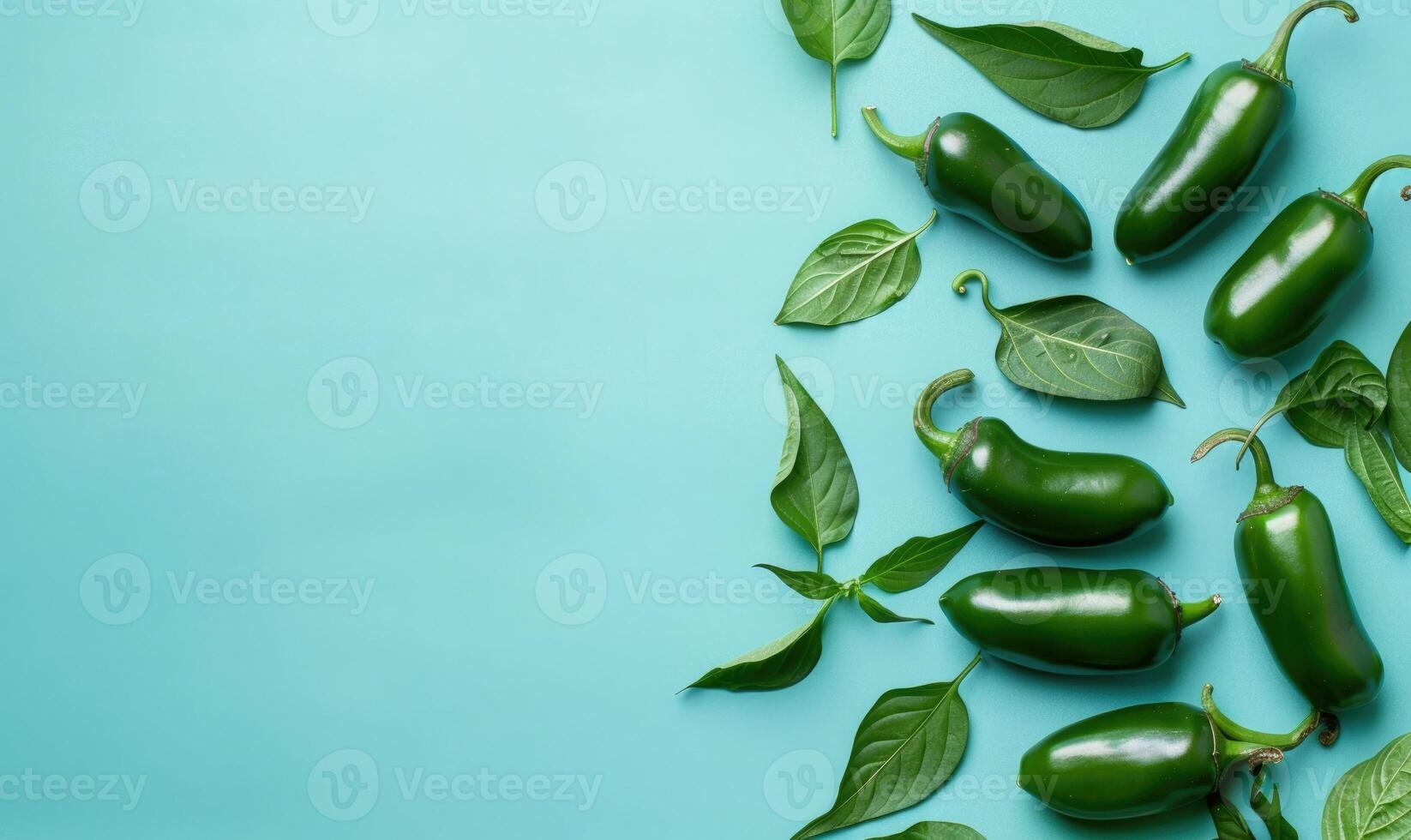 Top view of hot peppers scattered on a pastel blue background photo
