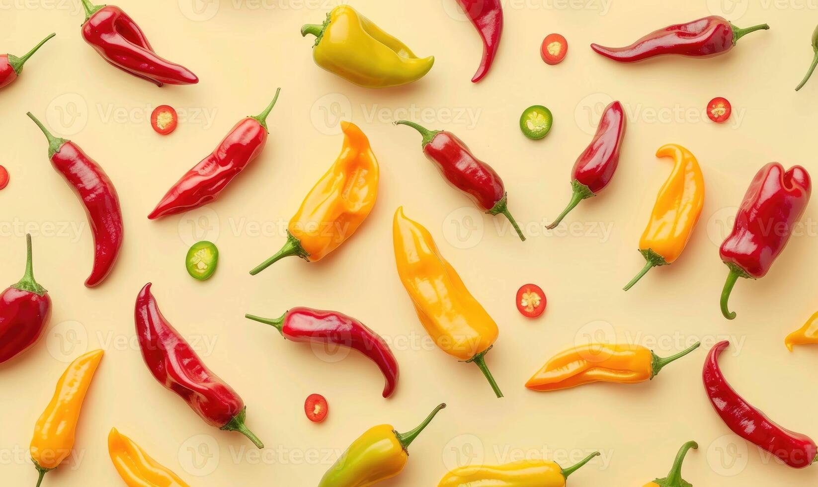 Top view of hot peppers on a pastel yellow background photo