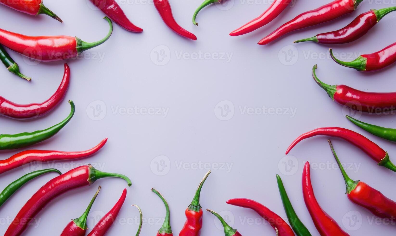 Top view of hot peppers scattered on a purple background photo