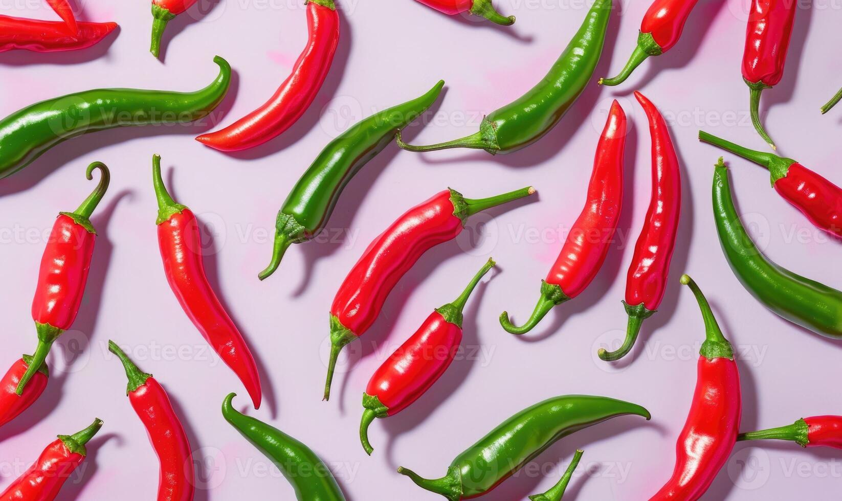 Top view of hot peppers scattered on a purple background photo