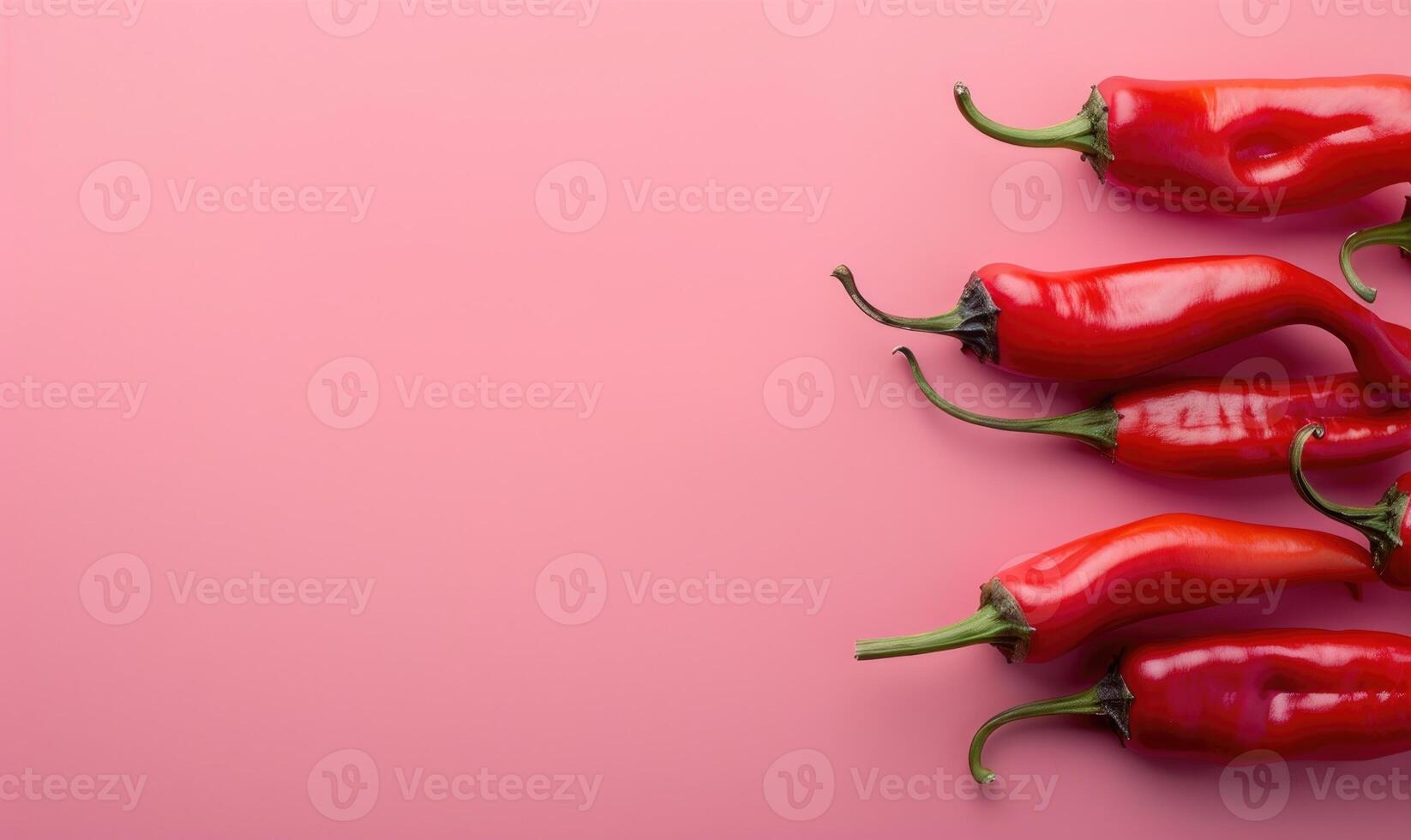 Top view of colorful peppers on a pink background photo